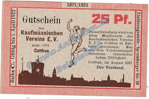 Cottbus , Notgeld 25 Pfennig Schein -C- in kfr. M-G 243.1 Brandenburg 1921 Seriennotgeld