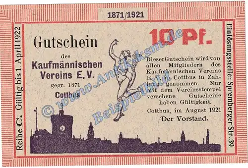 Cottbus , Notgeld 10 Pfennig Schein -C- in kfr. M-G 243.1 Brandenburg 1921 Seriennotgeld
