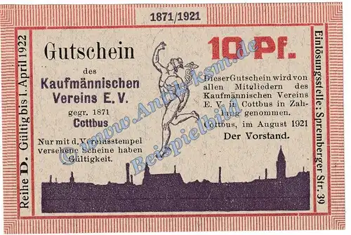 Cottbus , Notgeld 10 Pfennig Schein -D- in kfr. M-G 243.1 Brandenburg 1921 Seriennotgeld