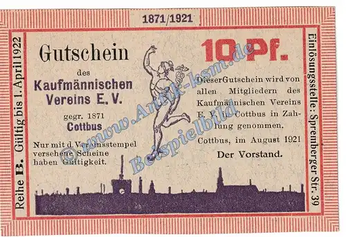 Cottbus , Notgeld 10 Pfennig Schein -B- in kfr. M-G 243.1 Brandenburg 1921 Seriennotgeld