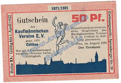 Cottbus , Notgeld 50 Pfennig Schein -D- in kfr. M-G 243.1 Brandenburg 1921 Seriennotgeld