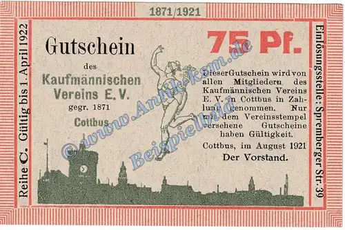 Cottbus , Notgeld 75 Pfennig Schein -C- in kfr. M-G 243.1 Brandenburg 1921 Seriennotgeld