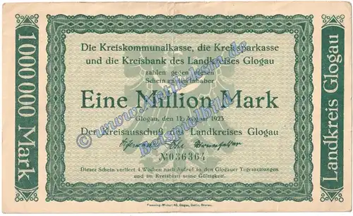 Glogau , Banknote 1 Million Mark Schein in gbr. Keller 1809.c Schlesien 1923 Grossnotgeld Inflation