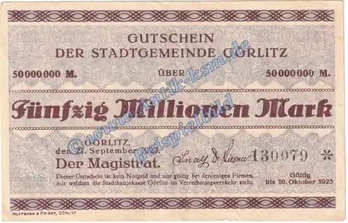 Görlitz , Banknote 50 Millionen Mark Schein in kfr. Keller 1829.q Schlesien 1923 Grossnotgeld Inflation