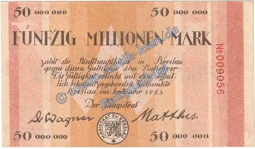 Breslau , Banknote 50 Millionen Mark Schein in gbr. Keller 602.f Schlesien 1923 Grossnotgeld Inflation
