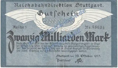 Stuttgart , Banknote 20 Milliarden Mark Schein in gbr. Keller 4926.g Grossnotgeld 1923 Inflation Württemberg