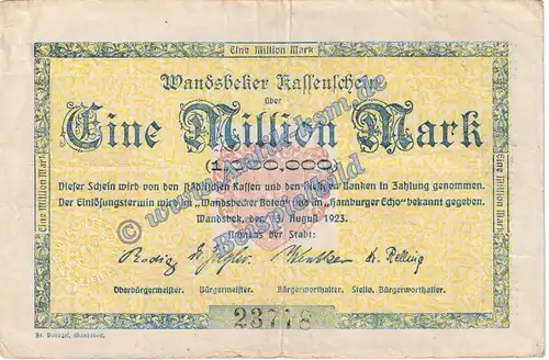 Wandsbek , Banknote 1 Million Mark Schein in gbr. Keller 5448.a Grossnotgeld 1923 Inflation Schleswig Holstein