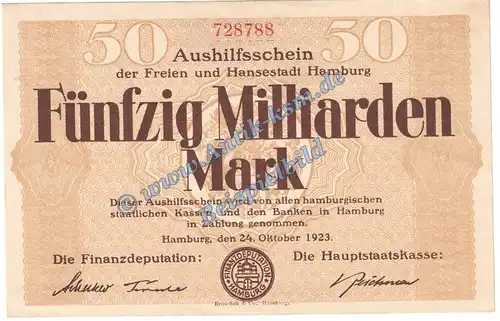 Hamburg , Banknote 50 Milliarden Mark Schein in kfr. Keller 2109.s Grossnotgeld 1923 Inflation Hamburg