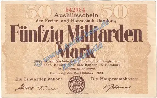 Hamburg , Banknote 50 Milliarden Mark Schein in gbr. Keller 2109.s Grossnotgeld 1923 Inflation Hamburg