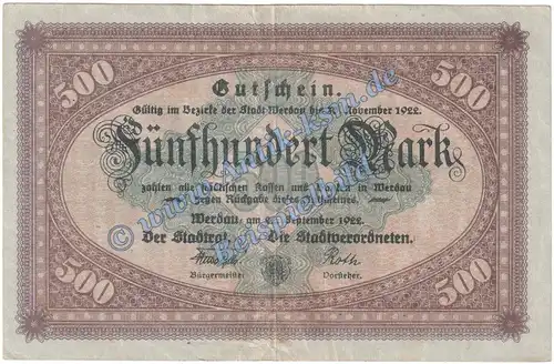 Werdau , Banknote 500 Mark Schein in gbr. Müller 4980.1 Grossnotgeld 1922 Sachsen