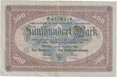 Werdau , Banknote 500 Mark Schein in gbr.E , Müller 4980.1 Grossnotgeld 1922 Sachsen