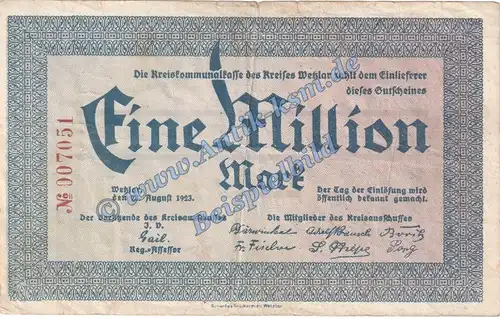 Wetzlar , Banknote 1 Million Mark Schein in gbr. Keller 5598.a Grossnotgeld 1923 Inflation Rheinland