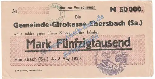 Ebersbach , Banknote 50.000 Mark -o.KN- Schein in L-gbr. Keller 1211.a-b Sachsen 1923 Grossnotgeld Inflation