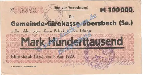 Ebersbach , Banknote 100.000 Mark Schein in gbr. Keller 1211.a-b Sachsen 1923 Grossnotgeld Inflation