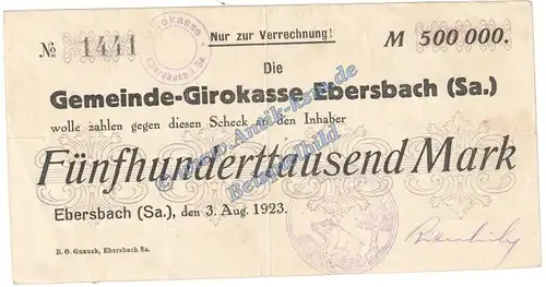 Ebersbach , Banknote 500.000 Mark Schein in gbr. Keller 1211.d Sachsen 1923 Grossnotgeld Inflation