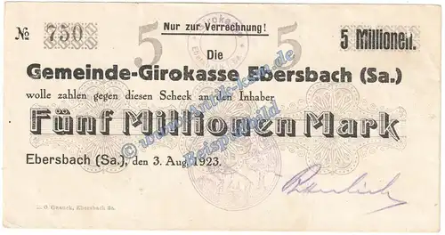 Ebersbach , Banknote 5 Millionen Mark Schein in gbr. Keller nicht gef. Sachsen 1923 Grossnotgeld Inflation