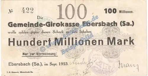 Ebersbach , Banknote 100 Millionen Mark Schein in gbr. Keller 1213.h , Sachsen 1923 Grossnotgeld Inflation