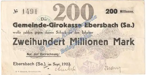Ebersbach , Banknote 200 Millionen Mark Schein in gbr. Keller 1213.g , Sachsen 1923 Grossnotgeld Inflation