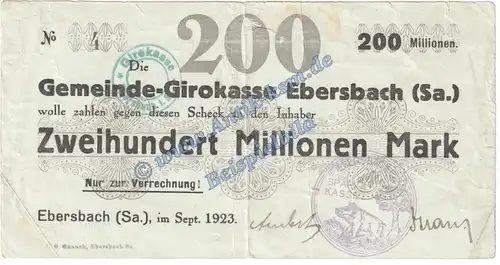 Ebersbach , Banknote 200 Millionen Mark Schein in gbr. Keller 1213.i , Sachsen 1923 Grossnotgeld Inflation