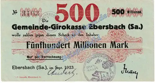 Ebersbach , Banknote 500 Millionen Mark Schein in kfr. Keller 1213.e , Sachsen 1923 Grossnotgeld Inflation