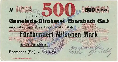 Ebersbach , Banknote 500 Millionen Mark Schein in kfr. Keller 1213.e , Sachsen 1923 Grossnotgeld Inflation