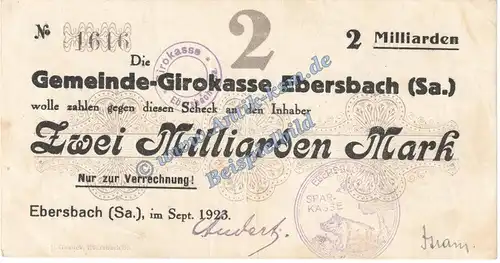 Ebersbach , Banknote 2 Milliarden Mark Schein in gbr. Keller 1213.k , Sachsen 1923 Grossnotgeld Inflation
