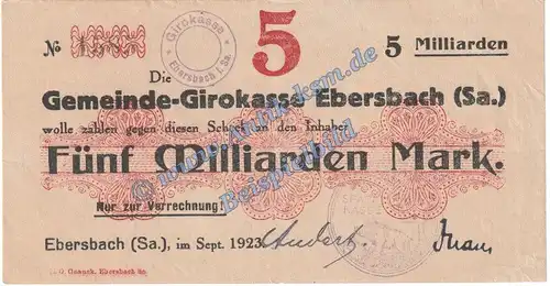 Ebersbach , Banknote 5 Milliarden Mark Schein in L-gbr. Keller 1213.k , Sachsen 1923 Grossnotgeld Inflation