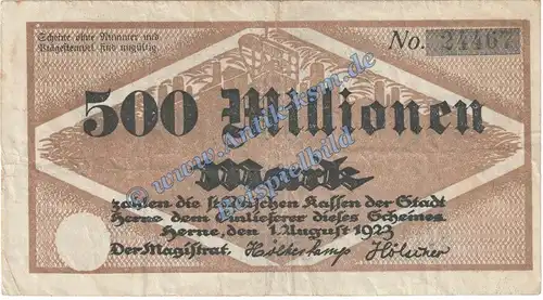 Herne , Banknote 500 Millionen Mark Schein in gbr. Keller 2339.d-h Grossnotgeld 1923 Inflation Westfalen