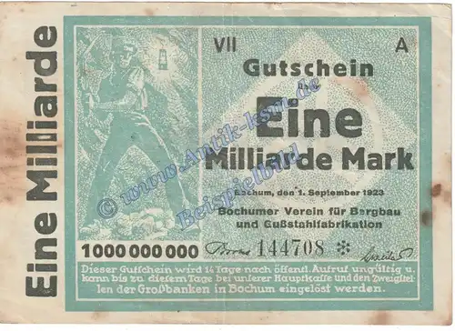 Bochum , Banknote 1 Milliarde Mark Schein in gbr. Keller 478.L Grossnotgeld 1923 Inflation Westfalen