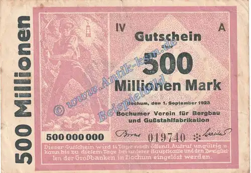 Bochum , Banknote 500 Millionen Mark Schein in gbr. Keller 478.k Grossnotgeld 1923 Inflation Westfalen