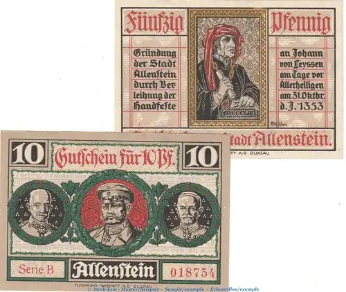 Allenstein Notgeld , M-G 13.2 Set mit 2 Scheinen in kfr. von 1921 , Ostpreussen Seriennotgeld