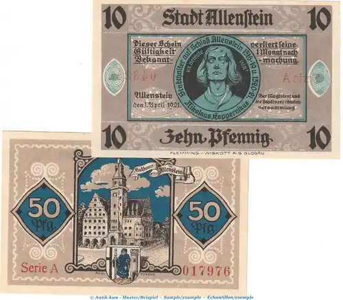Allenstein Notgeld , M-G 13.1 Set mit 2 Scheinen in kfr. von 1921 , Ostpreussen Seriennotgeld