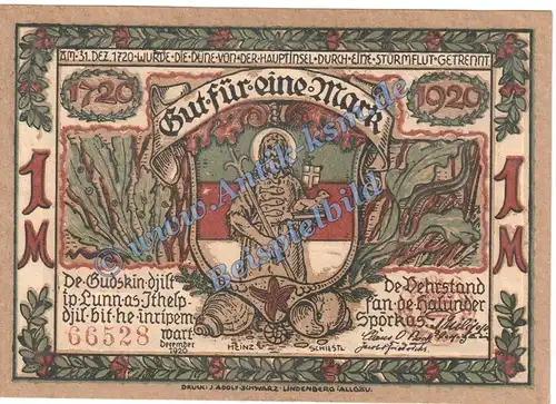 Helgoland , Notgeld 1 Mark Schein in kfr. M-G 595.3 , Schleswig 1920 Seriennotgeld