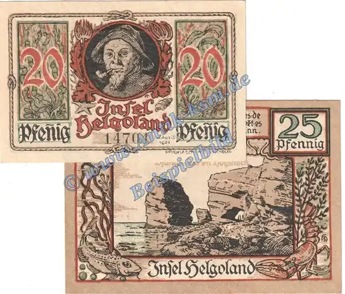 Helgoland , Notgeld Set mit 2 Scheinen in kfr. M-G 595.1.a , Schleswig 1921 Seriennotgeld