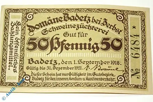 Notgeld Domäne Badetz , Einzelschein über 50 Pfennig , Mehl Grabowski 59.1 , von 1918 , Sachsen Anhalt Serien Notgeld