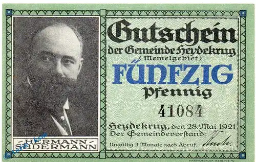 Notgeld Heydekrug , 50 Pfennig Schein in kfr. Wz Quadrate , Mehl Grabowski 607.1 a , von 1921 , Ostpreussen Seriennotgeld