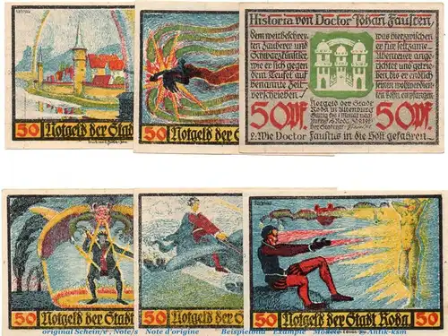 Notgeld der Stadt Roda , 1127.1 , 6 x 50 Pfennig Faust Serie in kfr. von 1921 , Thüringen Seriennotgeld
