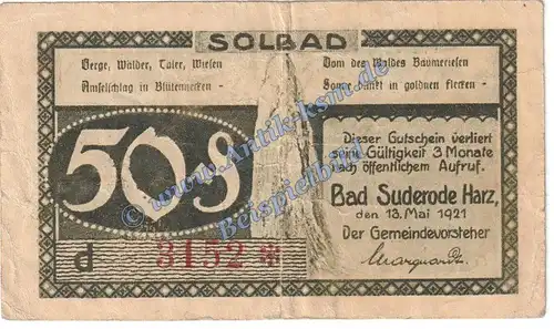 Suderode , Notgeld 50 Pfennig -d statt a- Schein in gbr. M-G 1292.1.b , Sachsen Anhalt 1921 Seriennotgeld