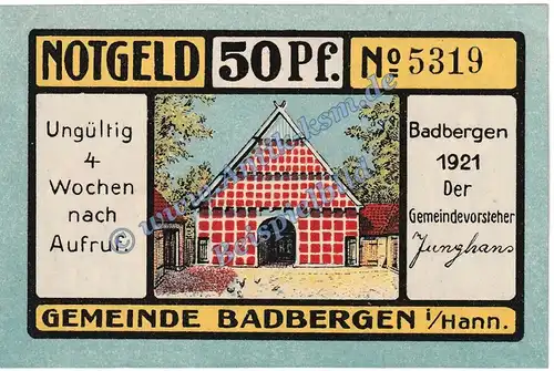 Badbergen , Notgeld 50 Pfennig Schein in kfr. M-G 58.1 , Niedersachsen 1921 Seriennotgeld