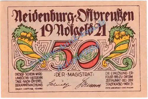 Neidenburg , Notgeld 50 Pfennig braun-schwarz in kfr. M-G 932.4 , Ostpreussen 1921 Seriennotgeld