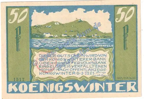 Königswinter , Notgeld 50 Pfennig Nr.3 Gem.Stempel -1517- in kfr. M-G 730.3.a , Westfalen 1921 Seriennotgeld