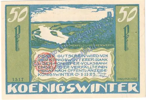 Königswinter , Notgeld 50 Pfennig Nr.1 Gem.Stempel -1517- in kfr. M-G 730.3.a , Westfalen 1921 Seriennotgeld