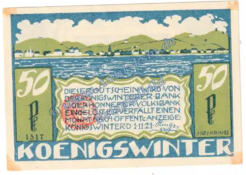 Königswinter , Notgeld 50 Pfennig Nr.4 Gem.Stempel -1517- in gbr. M-G 730.3.a , Westfalen 1921 Seriennotgeld