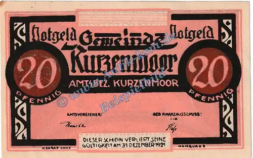 Kurzenmoor , Notgeld 20 Pfennig --100x65-- in kfr. M-G 751.2.b , Schleswig Holstein o.D. Seriennotgeld