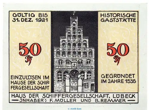 Notgeld Schiffergesellschaft Lübeck 824.1.b , 50 Pfennig Schein Nr.2 in kfr. o.D. Schleswig Holstein Seriennotgeld