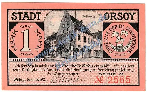 Orsoy , Notgeld 1 Mark -mit Text- in kfr. M-G 1026.1.b , Westfalen 1921 Seriennotgeld
