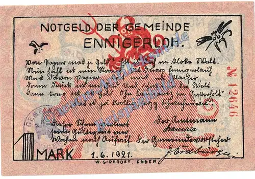 Ennigerloh , Notgeld 1 Mark Schein Nr.2 in kfr. M-G 338.2.c-d , Westfalen 1921 Seriennotgeld