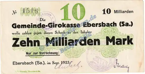 Ebersbach , Banknote 10 Milliarden Mark Schein in gbr. Keller 1213.k , Sachsen 1923 Grossnotgeld Inflation