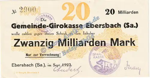 Ebersbach , Banknote 20 Milliarden Mark Schein in kfr. Keller 1213.k , Sachsen 1923 Grossnotgeld Inflation