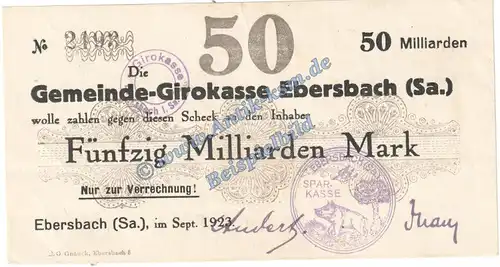 Ebersbach , Banknote 50 Milliarden Mark Schein in f-kfr. Keller 1213.k , Sachsen 1923 Grossnotgeld Inflation